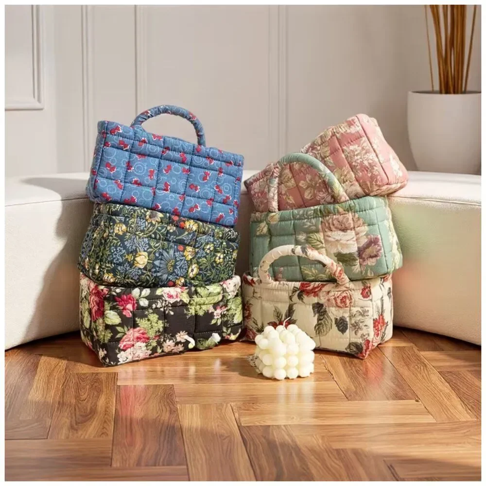 NWT Vintage Floral Quilted Storage Basket Fabric Organizer Bin with Handles